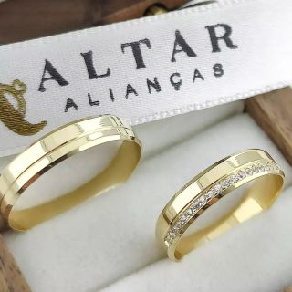 Aliança de Casamento Fina Alagoinhas Ouro 18K 4mm retas c/ Zircônias