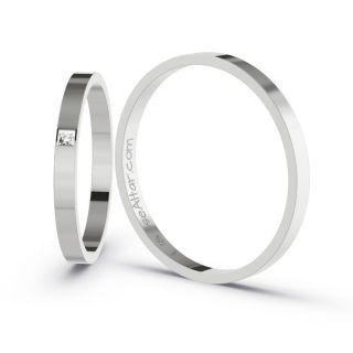 Aliança de Casamento Fina Amsterdã 2mm Ouro Branco 18K retas Zircônias