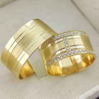 Aliança de Casamento Larga França Ouro 18K 9mm retas c/ Zircônias