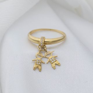 Anel Hestia Berloque Dois Meninos c/ Zircônias Ouro 18K