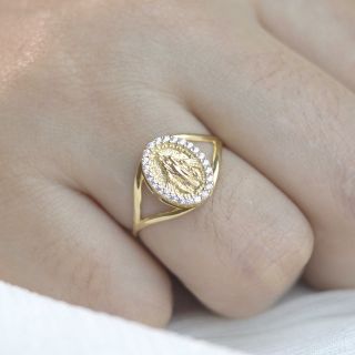 Anel Uranus Medalha Nossa Senhora Aparecida Grande c/ Zircônias Ouro 18K