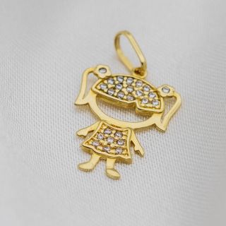 Pingente Asclepius Ouro Amarelo 18K Menina Lacinhos Brilhantes