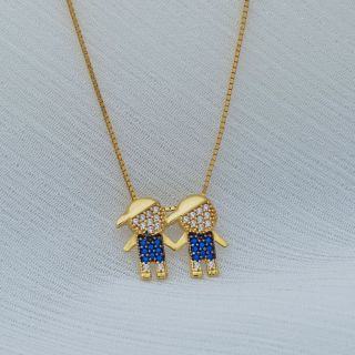 Pingente Hecate Ouro 18K Dois Meninos Mãos Dadas com Boné c/ Zircônias Brancas e Azuis